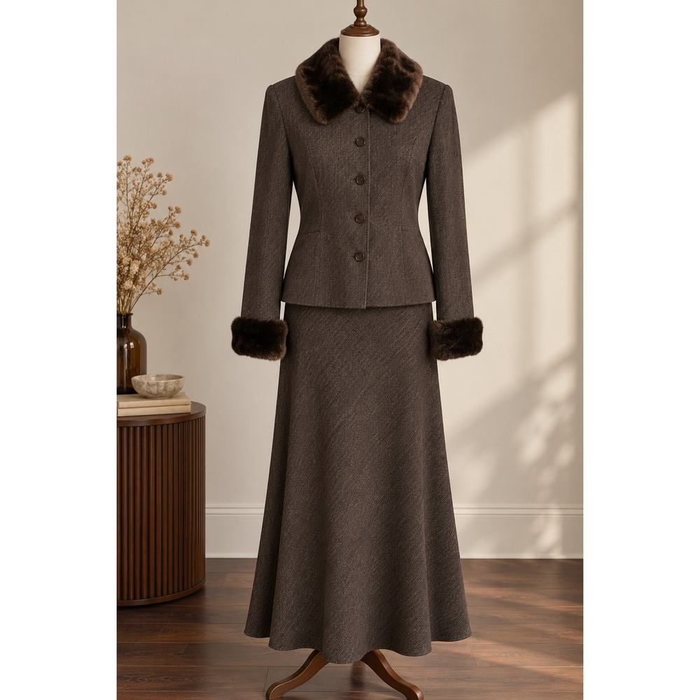 Y2K Brown Faux Fur Trim Retro Jacket Maxi Skirt 2 Piece Suit Set Size 8 90s